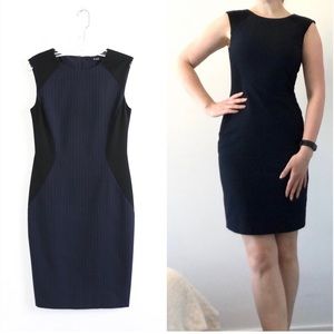 Oui sheath dress blue pinstripe office classy work business casual dressy navy S